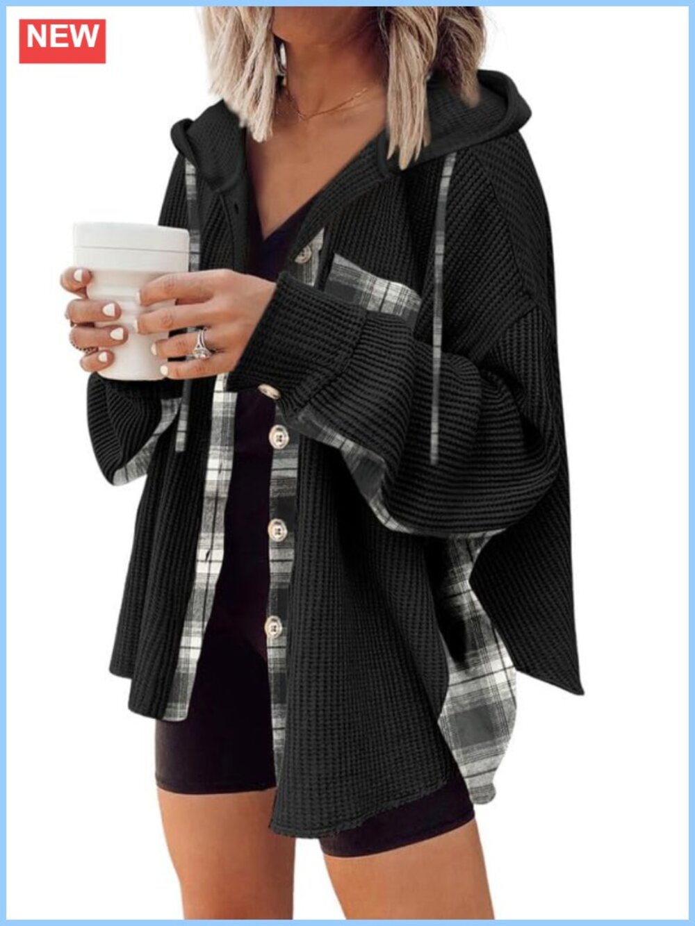 Waffle Knit Plaid Shacket Hooded Button Down Jacket